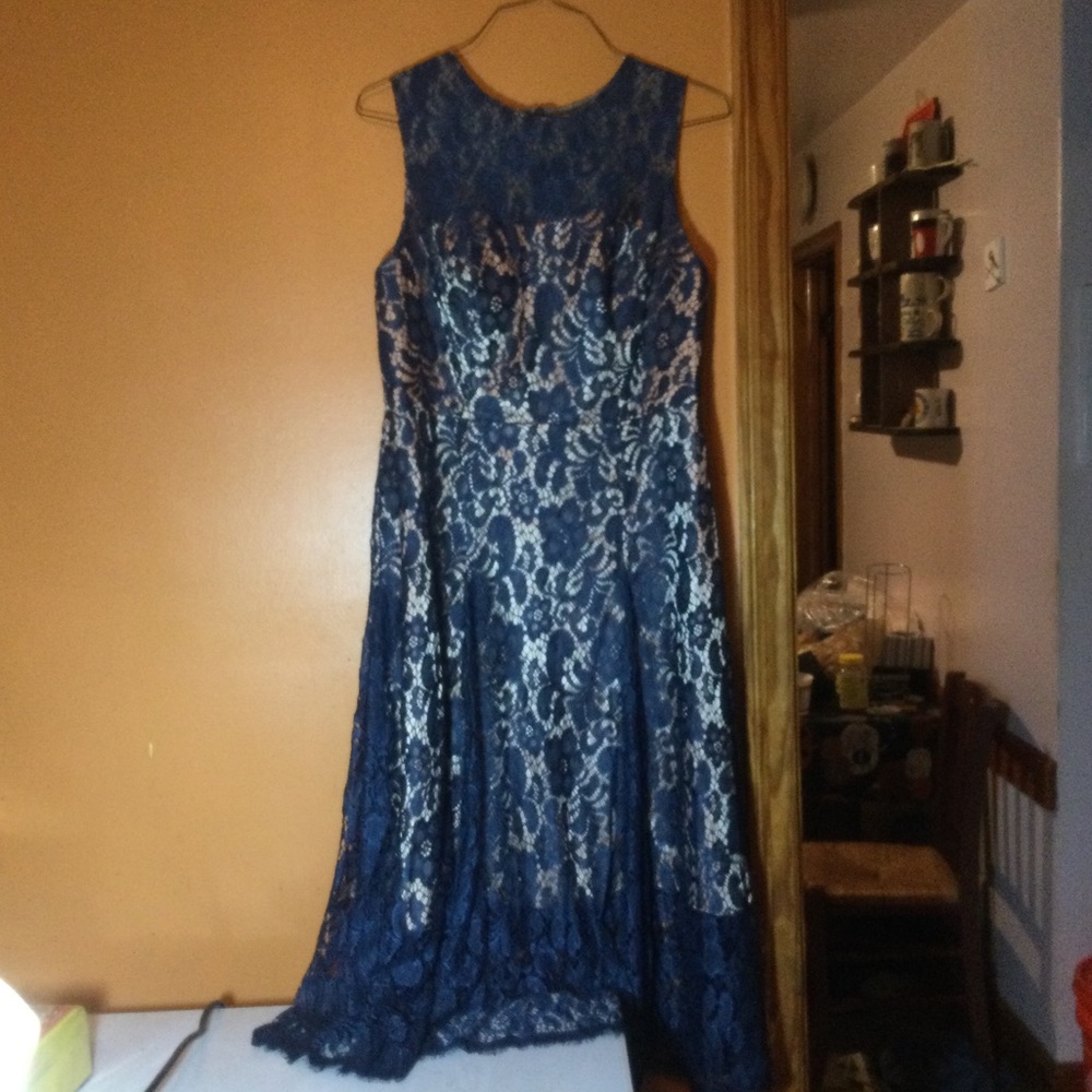 Navy Lace Dress with tan under lining, size 16
